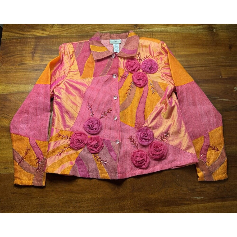 Vtg Coldwater Creek Silk Patchwork Jacket Medium Pink Orange 3D Rosette Beaded M